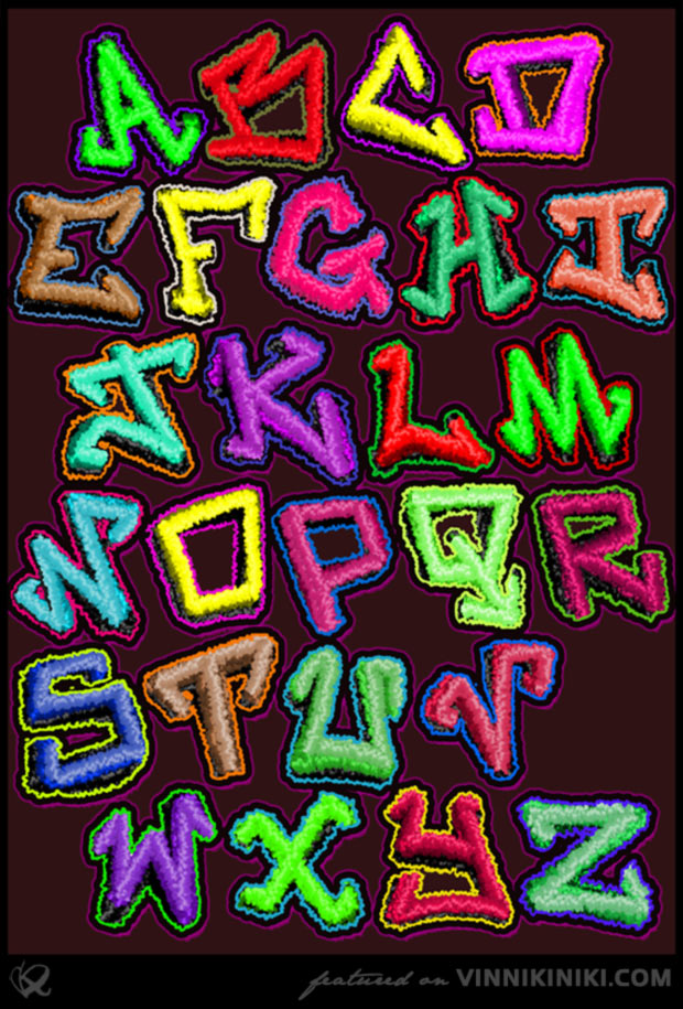 Colourful fluffy graffiti font by artist Vinni Kiniki