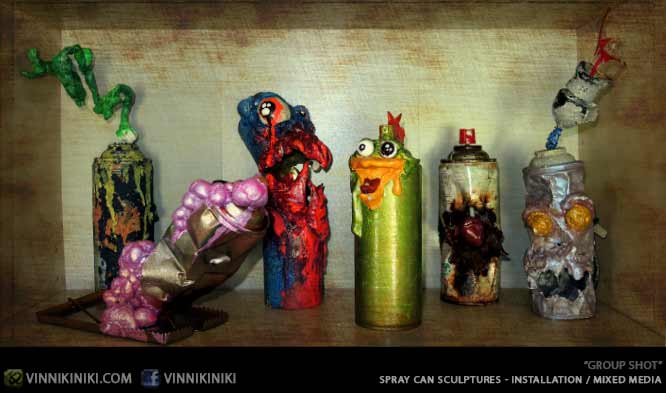 Group photo spray can sculptures made by artist Vinni Kiniki